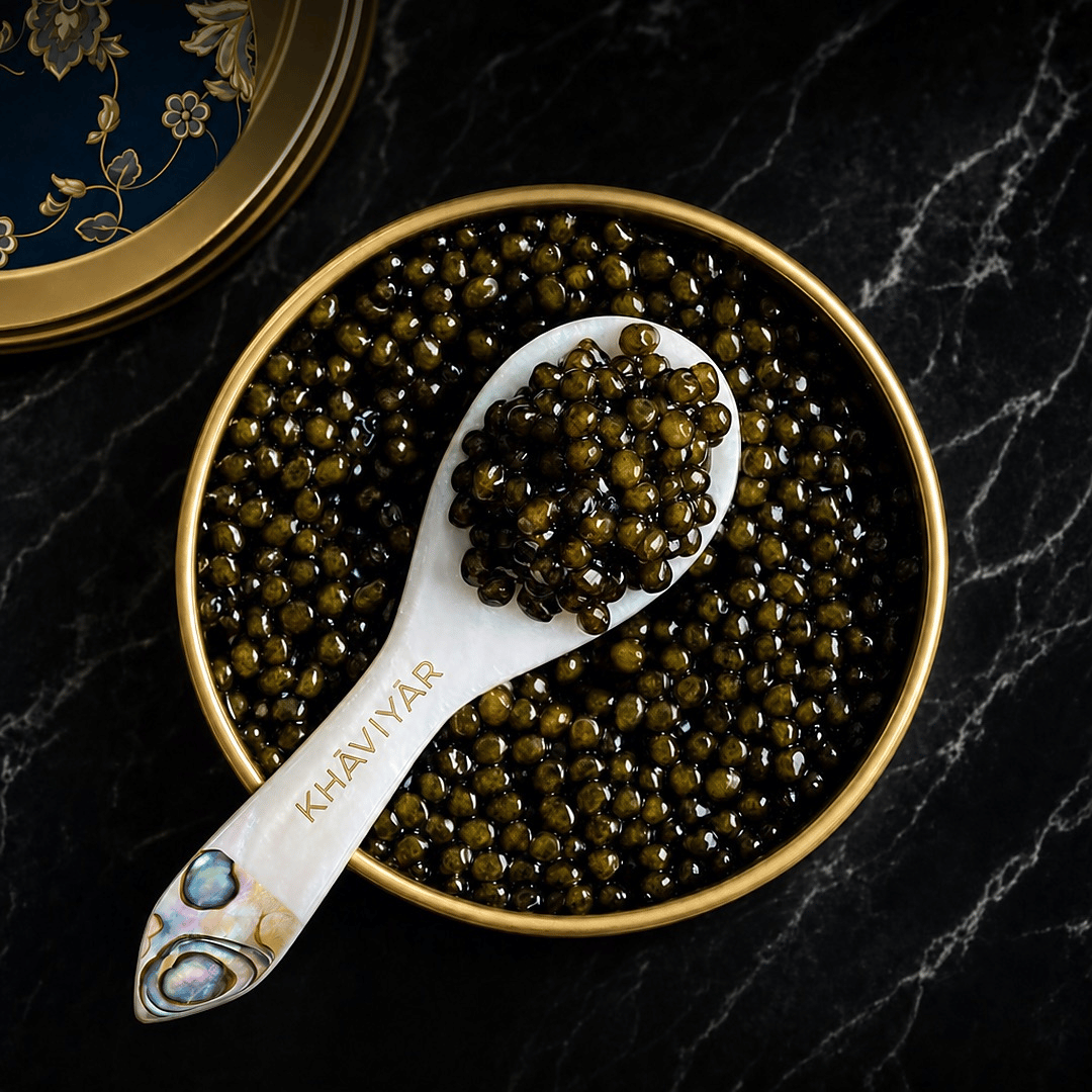 Signature Kaluga caviar up close, glossy Royal-Grade pearls from the KHAVIYAR Caviar Flights