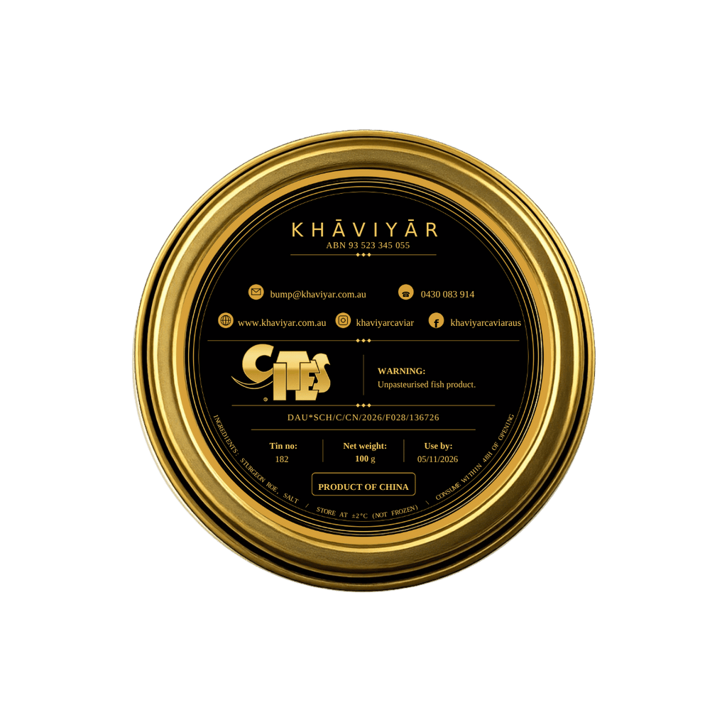 Back of KHAVIYAR Kaluga Hybrid caviar tin showing label and CITES details