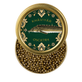 Open tin of KHAVIYAR Royal-Grade Oscietra caviar showing firm amber pearls