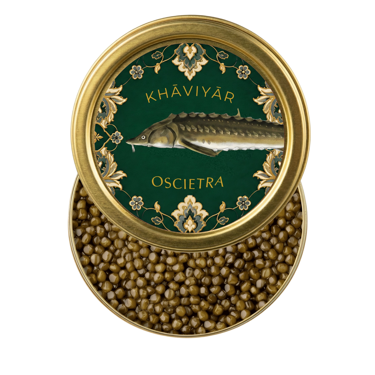 Open tin of KHAVIYAR Royal-Grade Oscietra caviar showing firm amber pearls