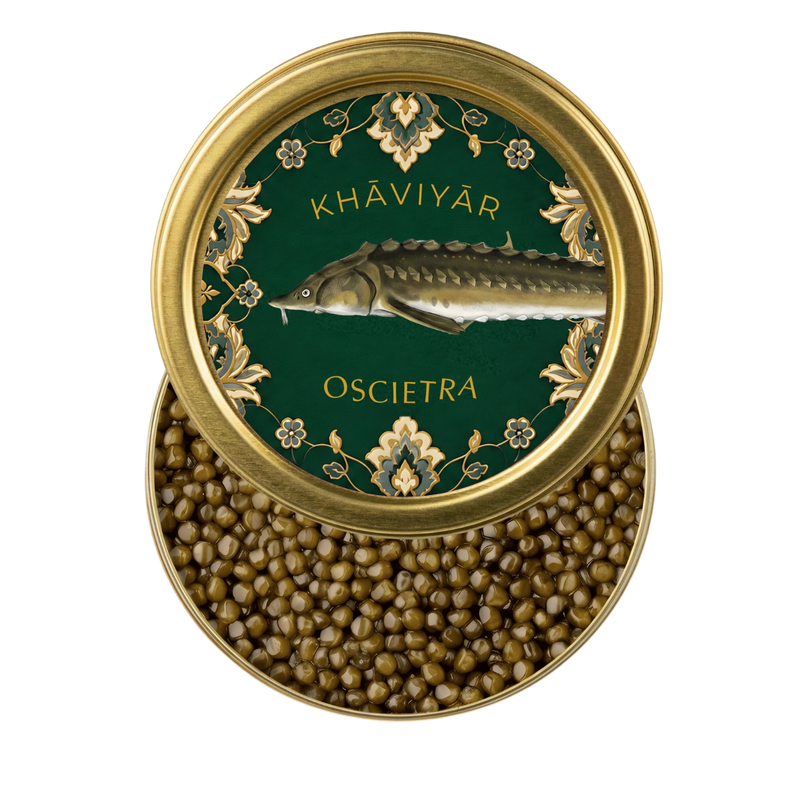 Open tin of KHAVIYAR Royal-Grade Oscietra caviar showing firm amber pearls