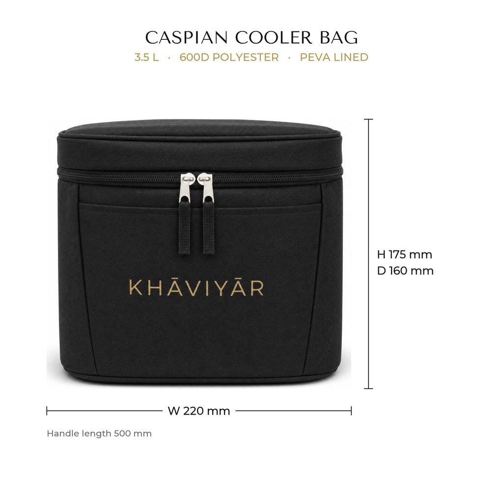 KHAVIYAR Caspian Cooler Bag dimensions: W 220mm x H 175mm x D 160mm excluding handles, 3.5L, 500mm handles