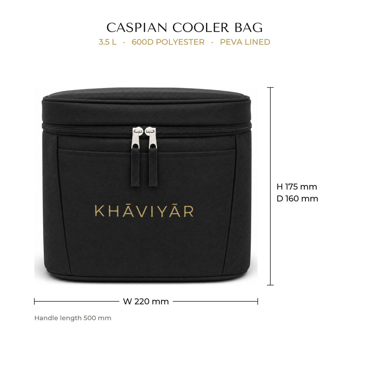 KHAVIYAR Caspian Cooler Bag dimensions: W 220mm x H 175mm x D 160mm excluding handles, 3.5L, 500mm handles