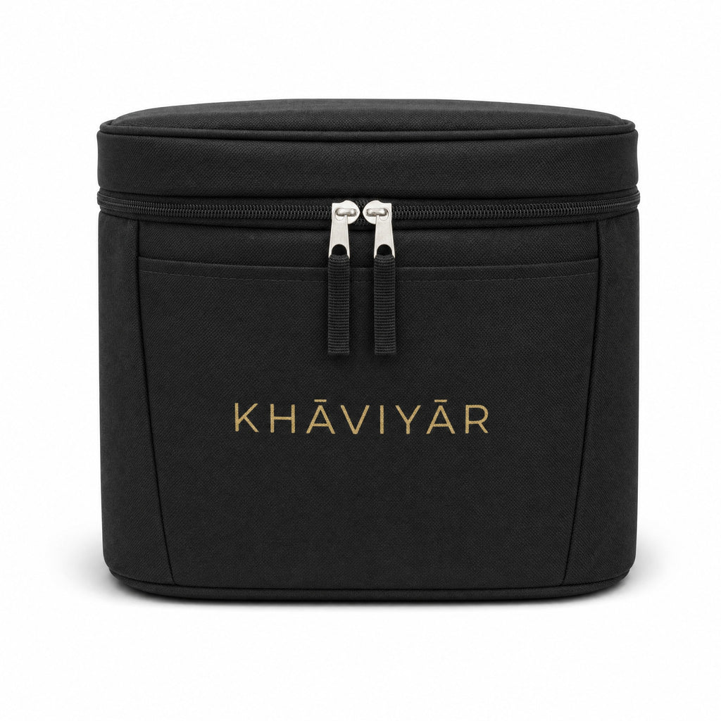 KHAVIYAR Caspian Cooler Bag straight-on front view with zipper pulls and front slip pocket
