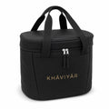KHAVIYAR Caspian Cooler Bag, black 3.5L insulated lunch cooler bag with gold KHAVIYAR mark, front view