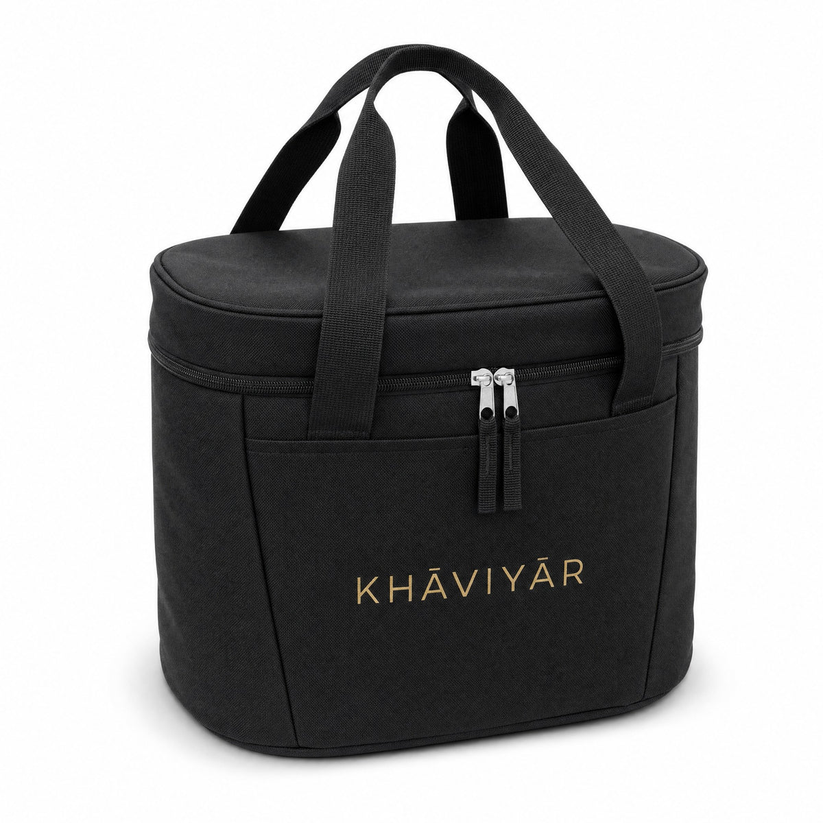 KHAVIYAR Caspian Cooler Bag, black 3.5L insulated lunch cooler bag with gold KHAVIYAR mark, front view