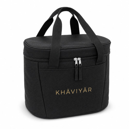 KHAVIYAR Caspian Cooler Bag, black 3.5L insulated lunch cooler bag with gold KHAVIYAR mark, front view
