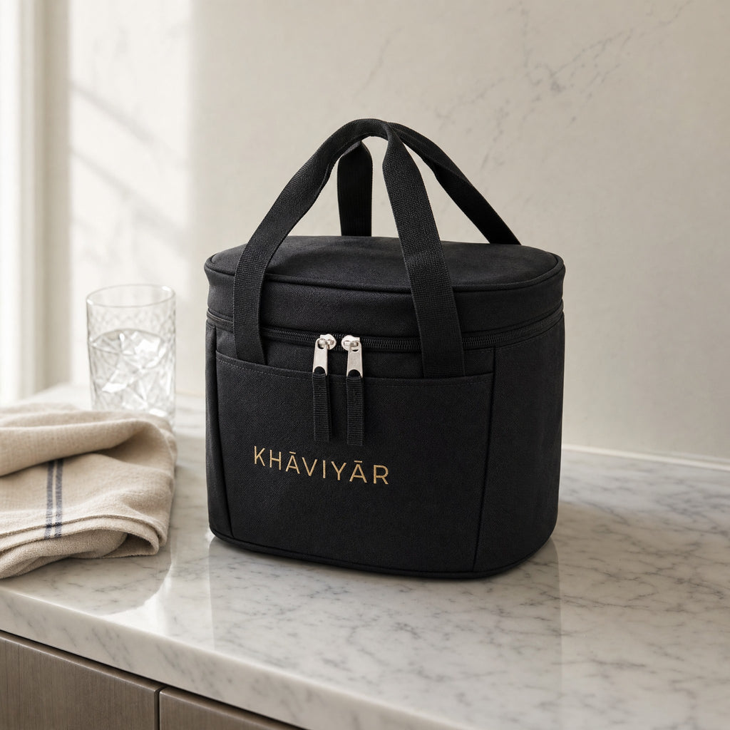 KHAVIYAR Caspian Cooler Bag on a marble kitchen bench in morning light