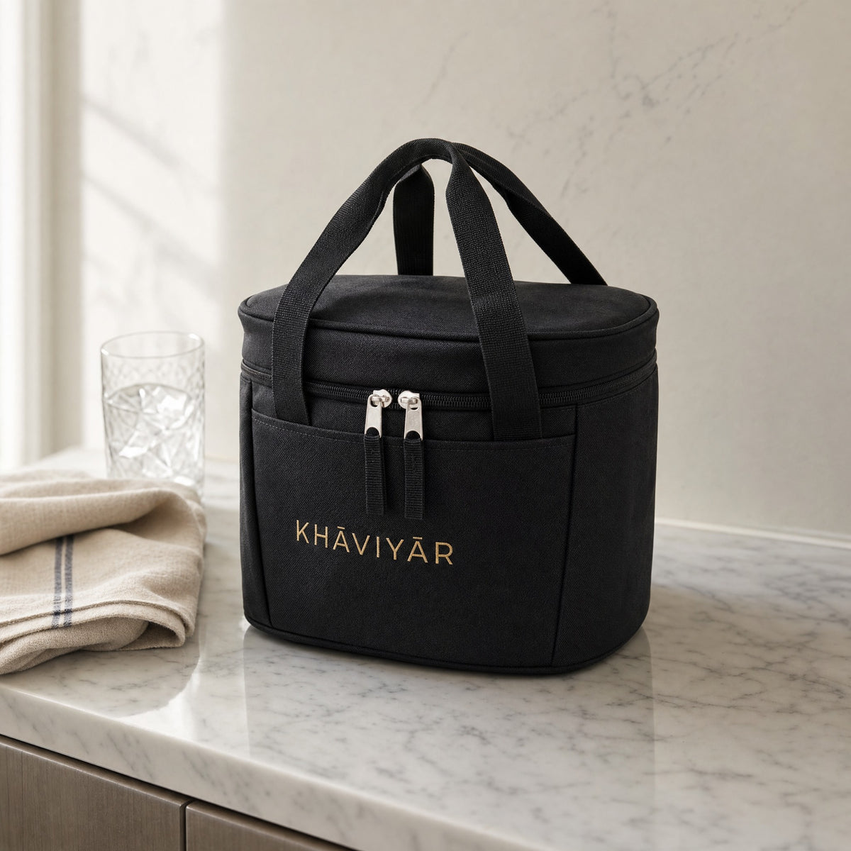 KHAVIYAR Caspian Cooler Bag on a marble kitchen bench in morning light