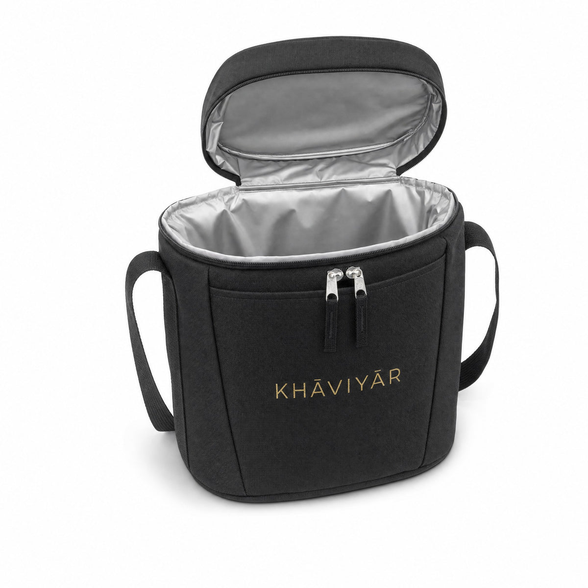 KHAVIYAR Caspian Cooler Bag open, showing the silver PEVA insulated lining