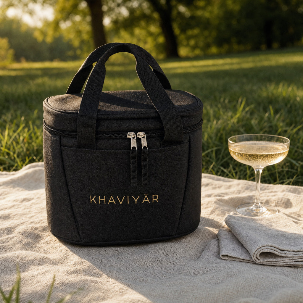 KHAVIYAR Caspian Cooler Bag on a linen picnic blanket with a glass of champagne