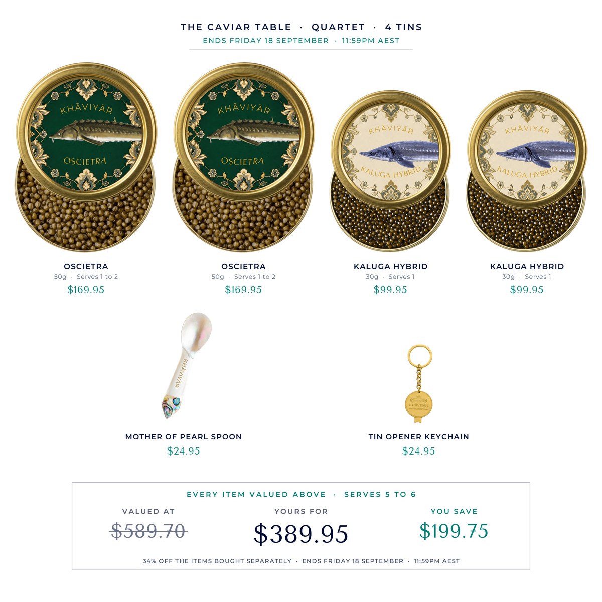 The Caviar Table Quartet: two Oscietra 50g and two Kaluga Hybrid 30g with the spoon and tin opener, $389.95 against $589.70, ends Friday 18 September 11:59pm AEST