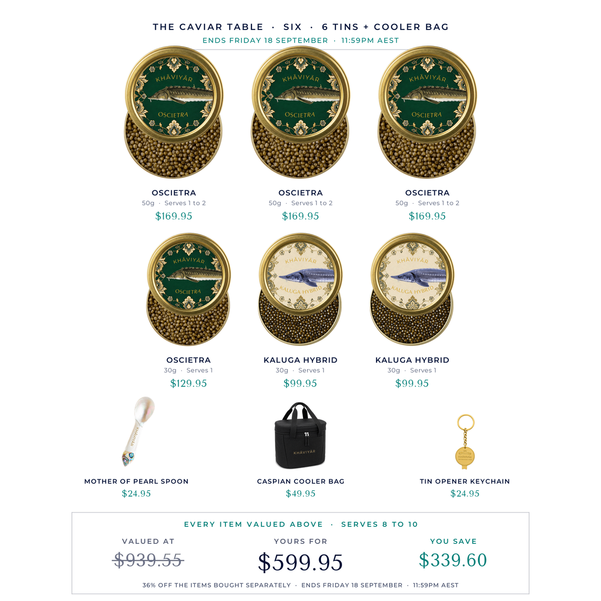 The Caviar Table Six: three Oscietra 50g, Oscietra 30g, two Kaluga Hybrid 30g, spoon, tin opener and the Caspian cooler bag, $599.95 against $939.55, ends Friday 18 September 11:59pm AEST