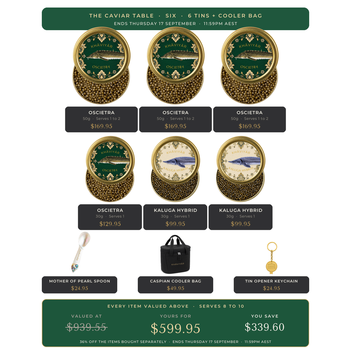 The Caviar Table Six: three Oscietra 50g, Oscietra 30g, two Kaluga Hybrid 30g, spoon, tin opener and the Caspian cooler bag, $599.95 against $939.55