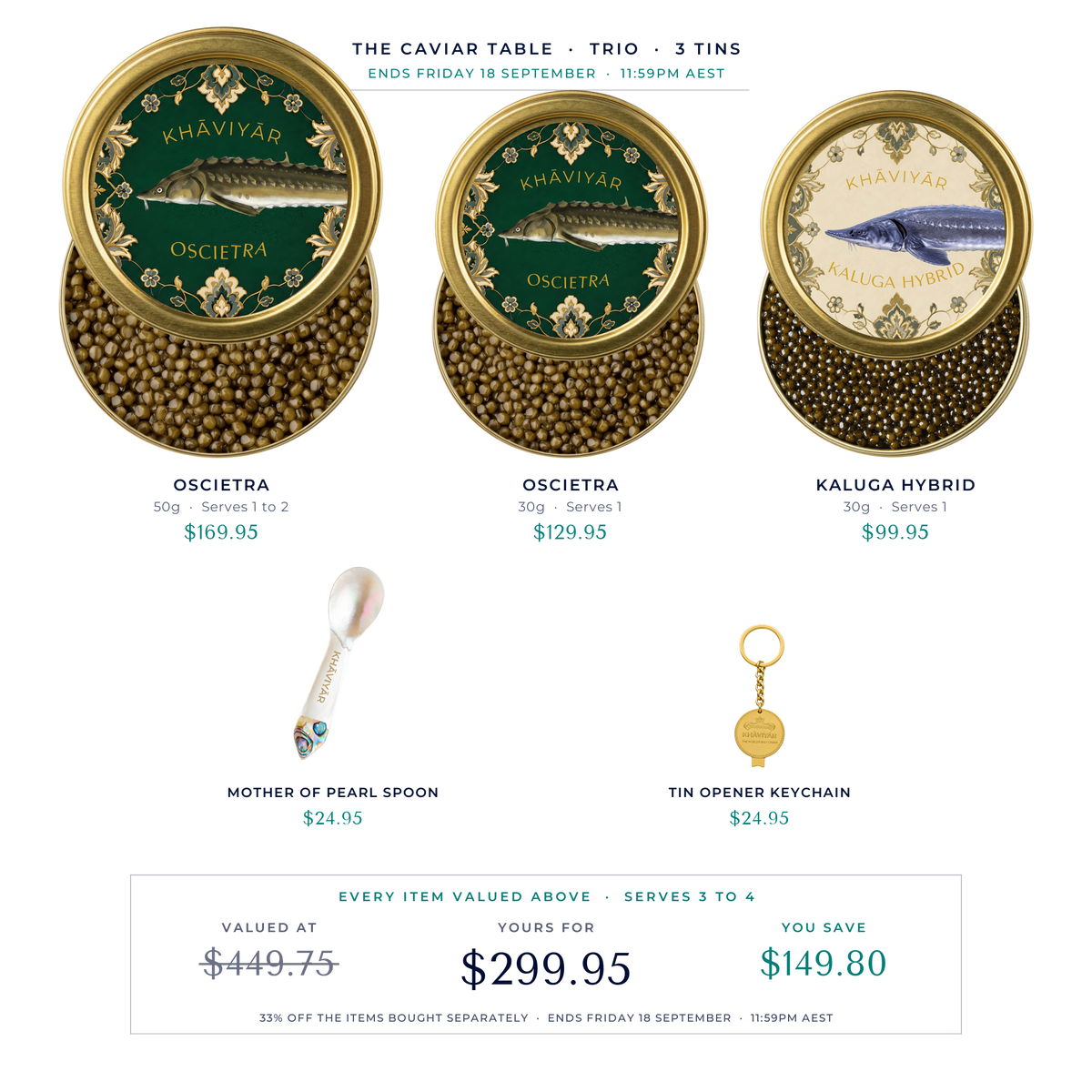 The Caviar Table Trio: Oscietra 50g, Oscietra 30g and Kaluga Hybrid 30g with the mother of pearl spoon and tin opener, every item valued, $299.95 against $449.75, ends Friday 18 September 11:59pm AEST