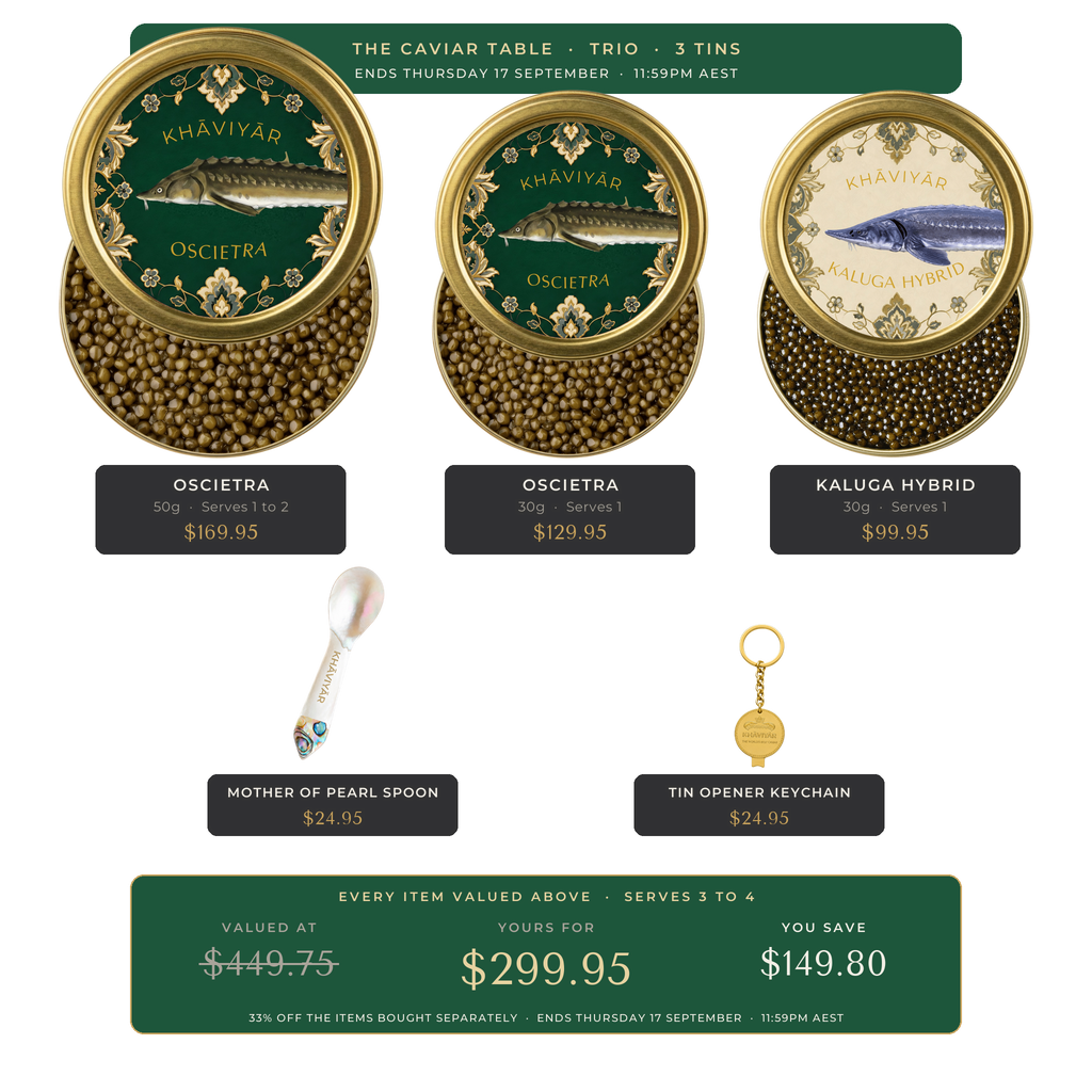 The Caviar Table Trio: Oscietra 50g, Oscietra 30g and Kaluga Hybrid 30g with the mother of pearl spoon and tin opener, every item valued, $299.95 against $449.75