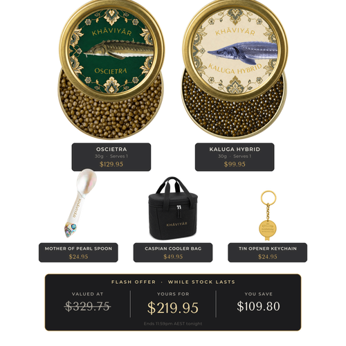 KHAVIYAR Caviar Duo Bundle: Oscietra 30g and Kaluga Hybrid 30g tins with a mother of pearl spoon, gold tin opener keychain and the Caspian Cooler Bag. Valued at $329.75, yours for $219.95.