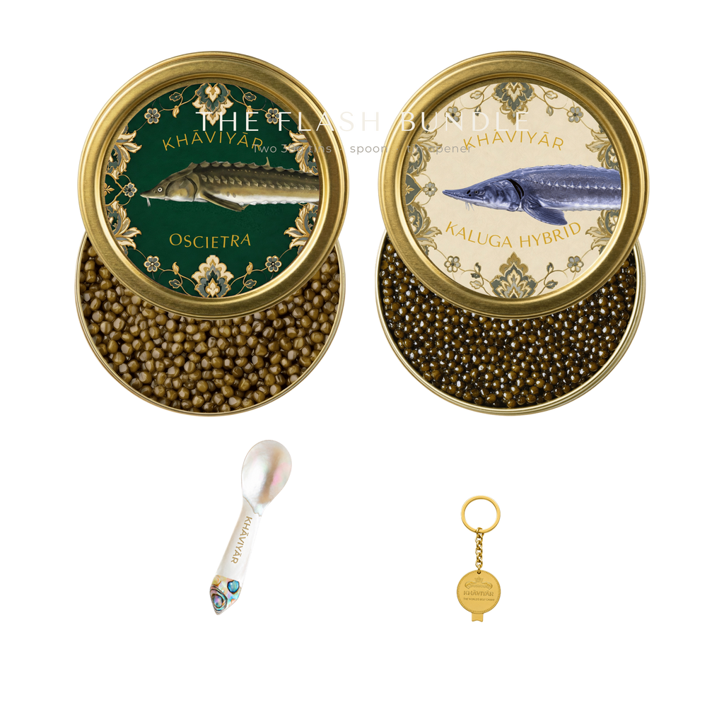 The KHAVIYAR flash bundle line up: two 30g caviar tins, a mother of pearl caviar spoon and the bespoke tin opener keychain.