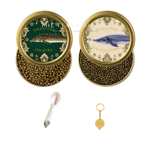 The KHAVIYAR flash bundle line up: two 30g caviar tins, a mother of pearl caviar spoon and the bespoke tin opener keychain.