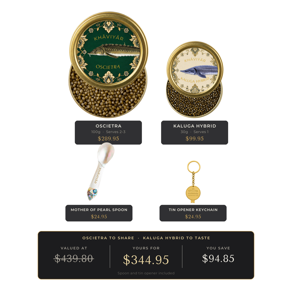 KHAVIYAR Caviar Reserve Bundle: a large 100g Oscietra tin beside a small 30g Kaluga Hybrid tin, with the mother of pearl spoon and gold tin opener keychain. Valued at $439.80, yours for $344.95.